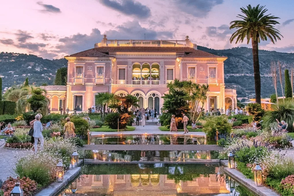 La Villa Ephrussi de Rothschild et ses jardins illuminés au crépuscule, au Cap Ferrat