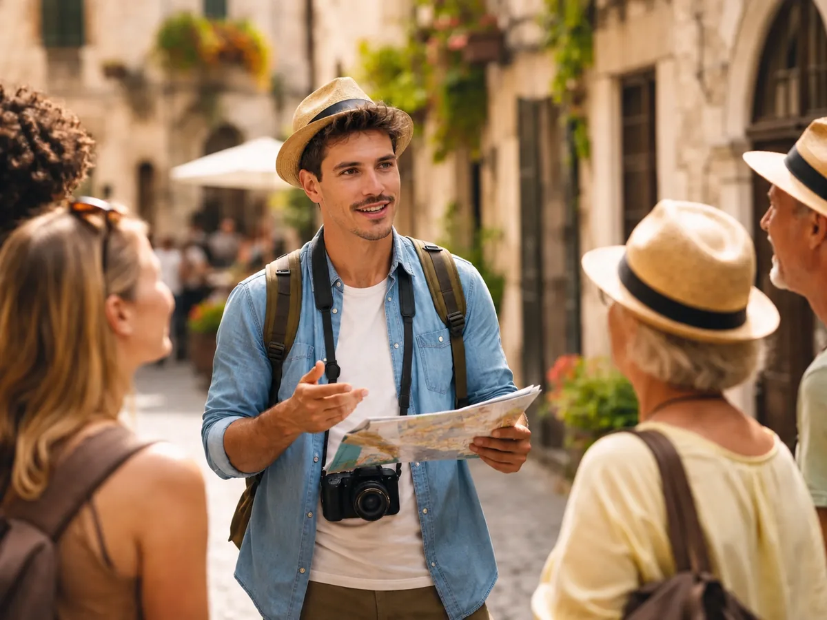 Paul-Henri, guide à Nice, présente la ville à un petit groupe de visiteurs dans une ruelle ensoleillée