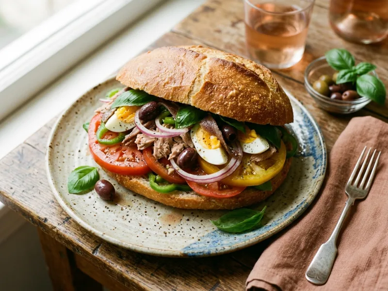 Pan-bagnat niçois garni de thon, anchois, tomates, œuf et olives, sur une assiette