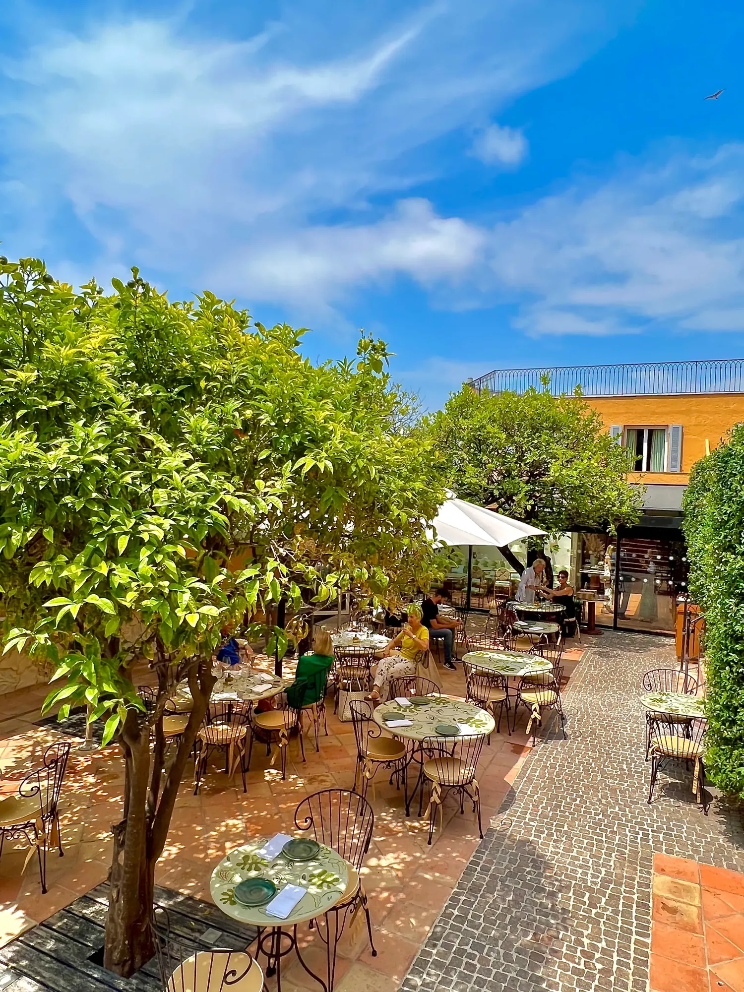 Le patio de citronniers du restaurant de l’hôtel La Pérouse