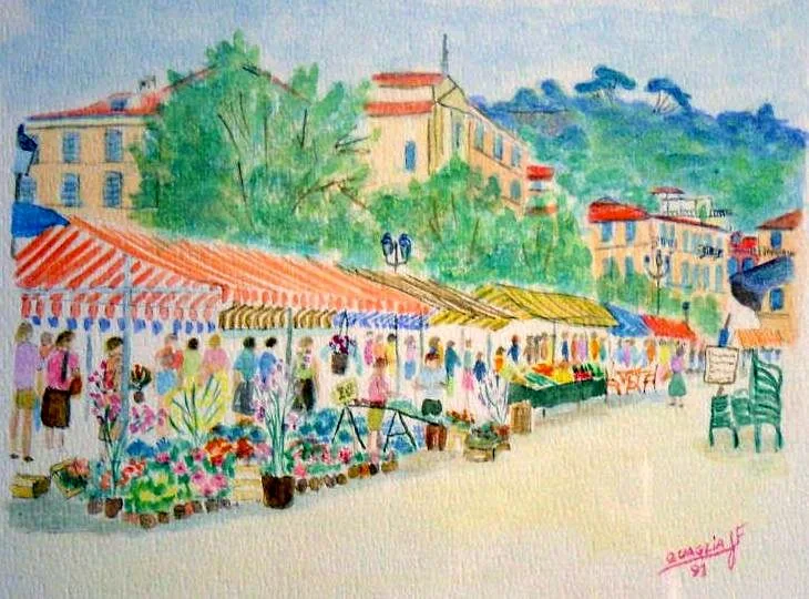 Aquarelle du marché aux fleurs du cours Saleya, dans le Vieux-Nice