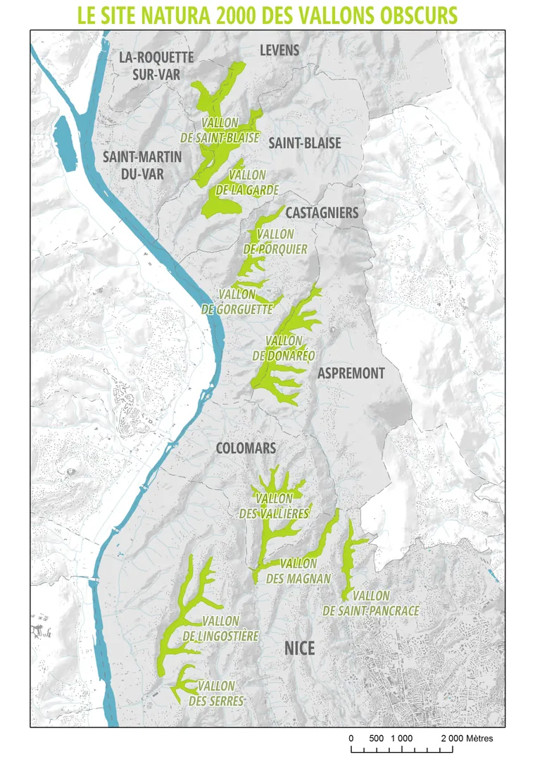 Carte du site Natura 2000 des vallons obscurs, au nord de Nice